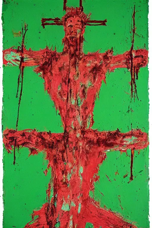 Image similar to green background with bloody christ crucified painted by cy twombly and andy warhol