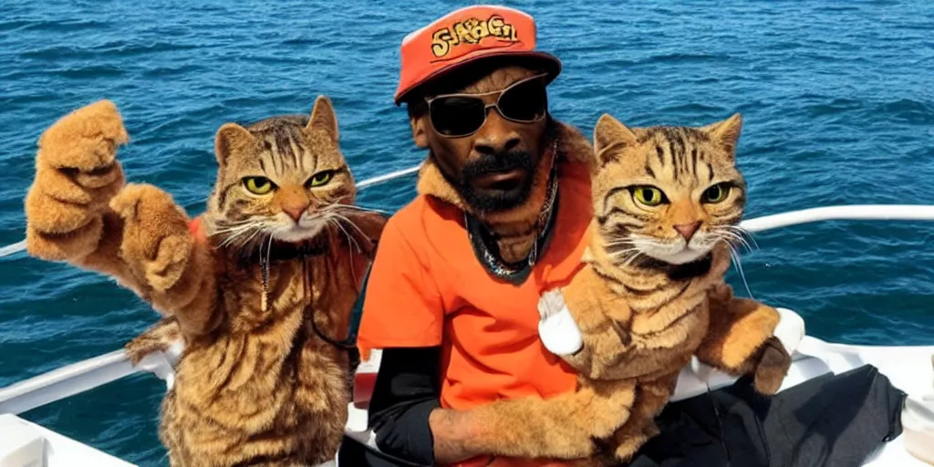 Image similar to garfield on a boat with snoop dogg