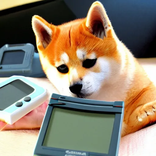 Image similar to a cat shiba inu playing a gameboy