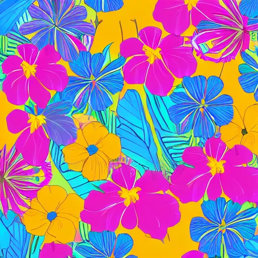 Image similar to Vector illustration of tropical flowers with multiple cohesive colors ranging from warms blues to bright oranges on a dark background, 4K resolution, digital art