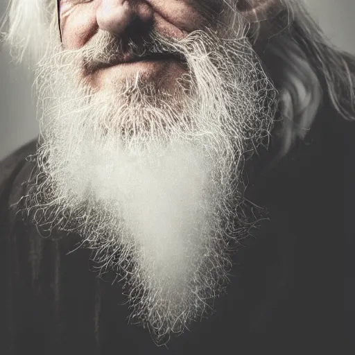 Prompt: portrait of bearded old man with long white hair, the smoke meets his white hair, highly detailed, intricate complexity, epic composition, magical atmosphere, cinematic lighting, masterpiece, ultra hd