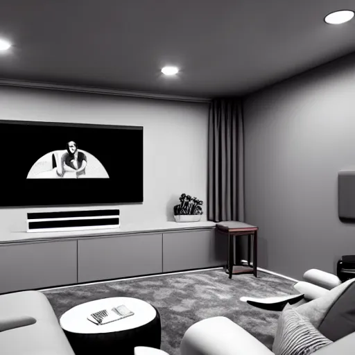 Prompt: a modern home movie theater, sleek, stylish, comfortable, charcoal sketch, professional