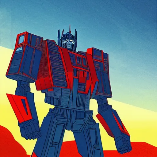 Image similar to optimus prime standing in the desert by kilian eng