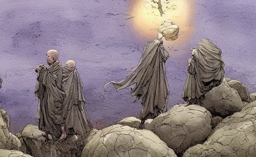 Prompt: a hyperrealist watercolour concept art of a group of grey monks levitating a huge rock in the air over their head. it is a misty night on the moors of ireland. by rebecca guay, michael kaluta, charles vess and jean moebius giraud. high detail, hq, wide shot