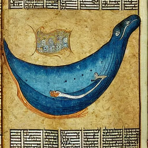 Image similar to medieval illuminated manuscript bible page depicting jonah in the belly of the whale