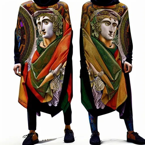 Prompt: ancient greek philosophers wearing gucci colorful intense intricate textile chiton himation cloak tunic detailed streetwear cyberpunk modern fashion michelangelo sandro botticelli