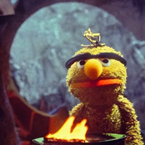 Image similar to “film still of Bert from Sesame Street throwing the one ring into the fires of Mount Doom”