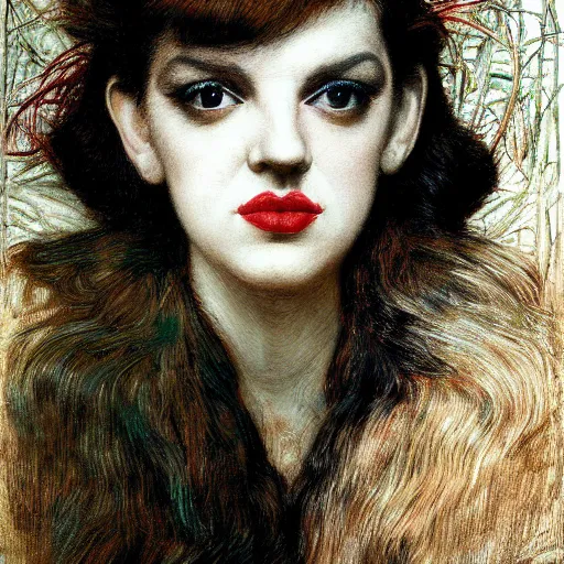 Prompt: portrait of a hybrid of judy garland and lady gaga with marfan syndrome, full lips, downward slanting eyes, with a brown fringe, holman hunt, john william waterhouse, kilian eng, rosetti, john everett millais, william holman hunt, 4 k