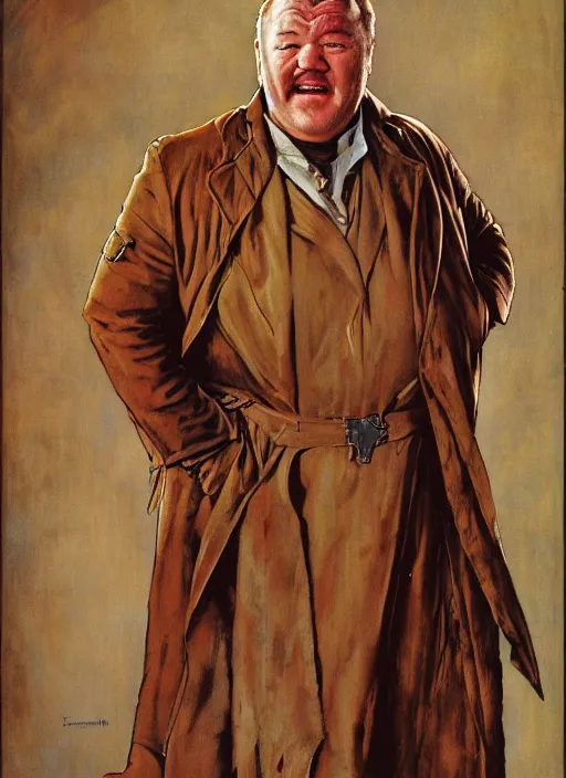Image similar to full body and head portrait of ray winstone as baron vladimir harkonnen in dune 1982 wearing a long leather trench coat, by norman rockwell and jason fabok and tom lovell and frank schoonover and dean cornwell