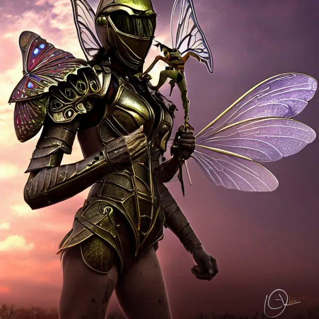 Image similar to adult fairy warrior with insectoid armour, 4 k, hdr, smooth, sharp focus, high resolution, award - winning photo, anne stokes, photorealistic