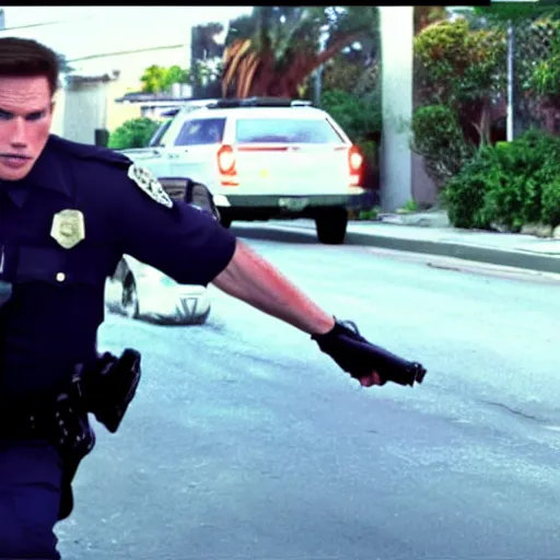 Image similar to Live Action Still of Jerma985 in Beverly Hills Cops, real life, hyperrealistic, ultra realistic, realistic, highly detailed, epic, HD quality, 8k resolution, body and headshot, film still