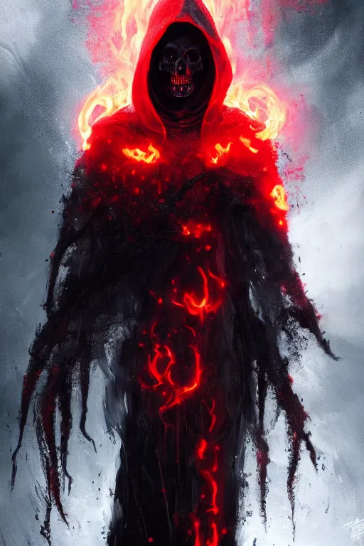 Prompt: A full body portrait of a mysterious character with a flaming skull with a very long hooded blood red and black cloak, tentacles coming out the ground art by Maciej Kuciara, and Cedric Peyravernay, ominous, cosmic horror, trending on artstation, Ultra detailed, hyper realistic 4k
