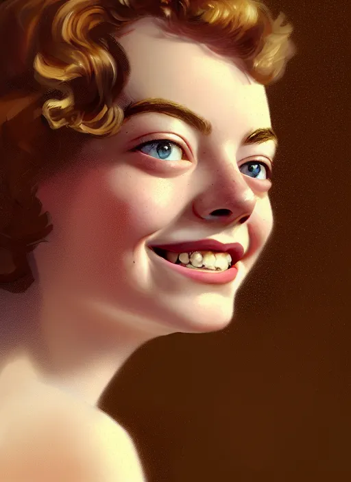 Prompt: portrait of teenage emma stone, freckles, curly middle part haircut, curly hair, smiling kindly, friendly, 1 9 5 0 s, intricate, elegant, glowing lights, highly detailed, digital painting, artstation, concept art, smooth, sharp focus, illustration, art by wlop, mars ravelo and greg rutkowski