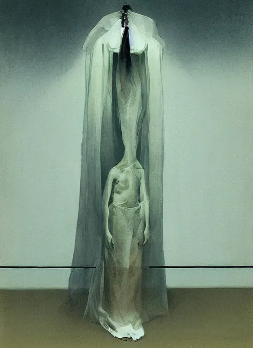 Image similar to woman in a translucent clothing made from plastic bag with paper bags for clothes standing inside paper bags with paper bag over the head at store display on flooded night street Edward Hopper and James Gilleard, Zdzislaw Beksinski, highly detailed