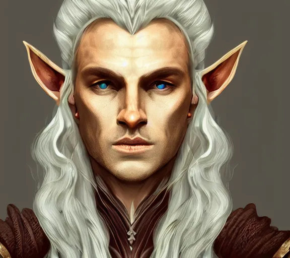 Prompt: Portrait of a powerful Elven King in the style of Icewind Dale portraits; masterpiece; trending on artstation; f/1.4; 90mm