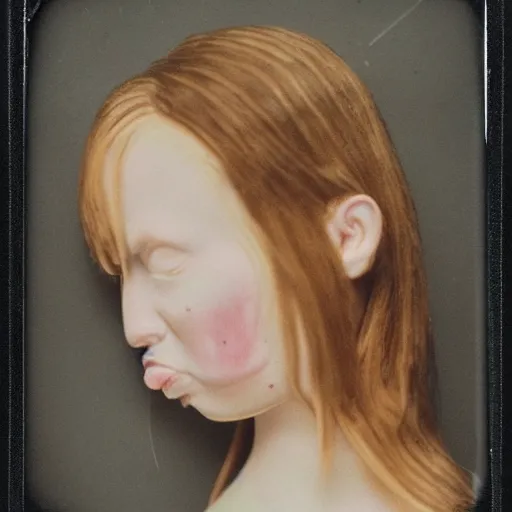 Prompt: a porcelain portrait of a girl face melt down like an ice cream, realistic detailed photography polaroid