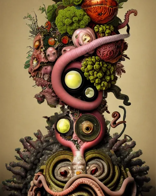 Prompt: a maximalist biomorphic portrait with with large eyes, expressive, wearing a botanical gas mask by arcimboldo, baroque painting by ayami kojima, mark ryden, haunting surrealism by dali, cephalopod, focus on head, soft light, 4 k, octane high quality render