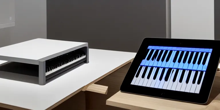 Prompt: dezeen showroom, minimalissimo, archdaily,, teenage engineering moad, mother of all decks, product design concept, product shot of moog melotron synthesizer with ipad gradient screens designed by 2 0 4 6 lab, jony ives, dieter rams, 8 k, highly detailed photo