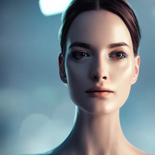 Prompt: portrait of a beautiful woman robot android, futuristic cgi render keyshot octane 8k professional cinematic lighting