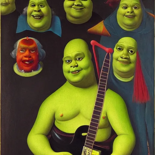 Image similar to Portrait of Jack Black dressed as Shrek, playing Electric Guitar, with beautiful exotic robot. Painting by Jan van Eyck, Audubon, Rene Magritte, Agnes Pelton, Max Ernst, Walton Ford