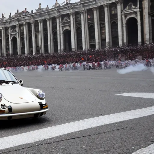 Prompt: a stunning award-winning photo of the Pope doing a sick drift in his Porsche on St. Peter's square, dark tire marks, gray smoke coming out of the tires, very high quality, extremely detailed