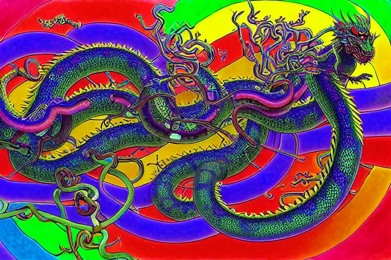 Image similar to a detailed digital art painting of a cell shaded cyberpunk ornate magick oni dragon with occult futuristic effigy of a beautiful field of mushrooms that is a rainbow liquid leopard atomic latent snakes in between ferret biomorphic molecular psychedelic hallucinations in the style of escher, alex grey, stephen gammell inspired by realism, symbolism, magical realism and dark fantasy, crisp