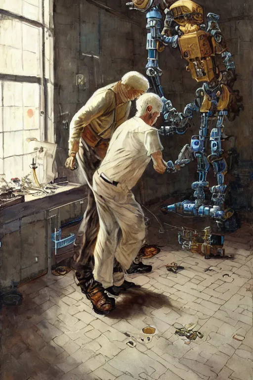 Prompt: one humanoid robot extending his robotic arm to one old man to help him get up from the floor, part by norman rockwell, part by greg rutkowski, part by mattias adolfsson, part rosseau, high angle, ( ( ( ( volumetric lighting ) ) ) ), oil on canvas