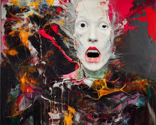 Prompt: otherworldly gallery of art, a brutalist designed, rich deep vivid colours, broad brush strokes!, painted by francis bacon, michal mraz, adrian ghenie, nicola samori, james jean and petra cortright, part by gerhard richter, part by takato yamamoto. 8 k masterpiece.