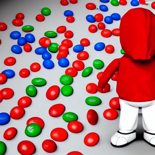 Prompt: eminem as the red m character standing on a floor covered with m & m candies, head with arms and legs, no body, m & m candy dispenser!!!, round red m & m figure m & m plush, unreal engine, studio lighting, unreal engine, volumetric lighting, artstation, cosplay, by hans bellmer