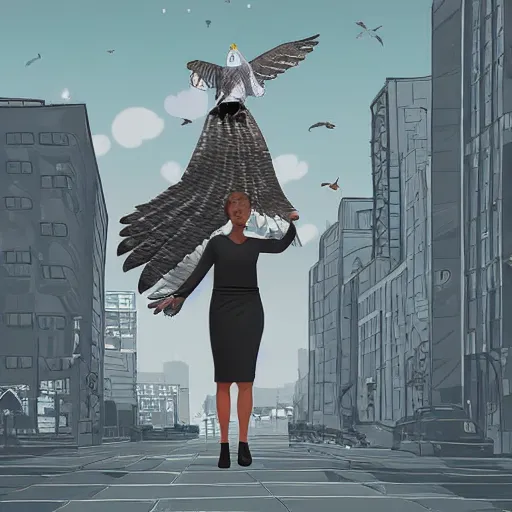 Image similar to Digital art of a woman riding a giant pigeon in the city skies