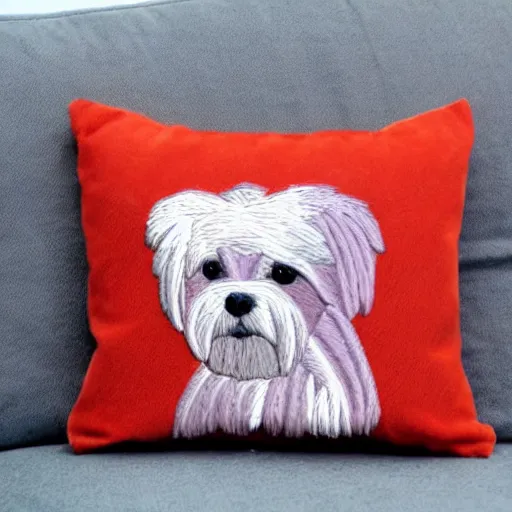 Image similar to maltese terrier embroidered on pillow, photo, realistic