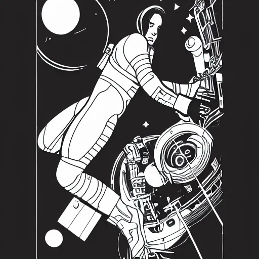 Prompt: clean simple line art of a woman floating in space wearing a space suit. no background. well composed, clean coloring book page, beautiful detailed face. coloring book line art by mike mignola