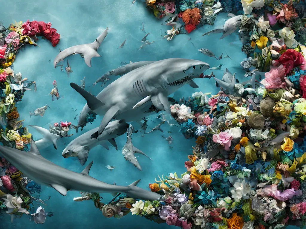 Image similar to a sculpture of ocean shark intertwined, a lovely cornucopia of flowers and human body parts, body parts, highly detailed, octane render, cinematic