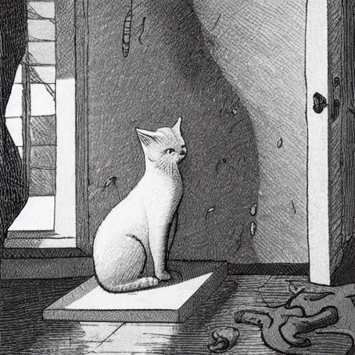 Prompt: the ghost of a dead cat watching its owner grieve.