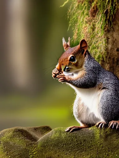 Image similar to a squirrel as king arthur, extremely plump, wearing crown of acorns and dandelions, servant squirrels, king arthur's court, game of thrones, sitting on throne, extreme wide shot, low angle, palace, fantasy art, cinematic lighting, realistic, sony 2 4 mm f 8. 0