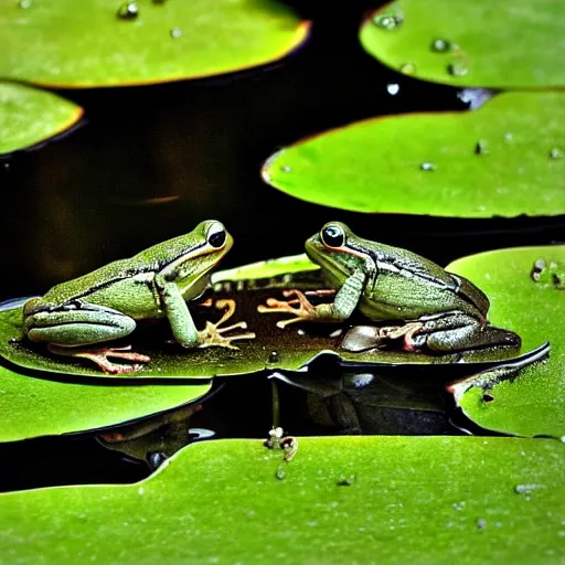 Image similar to Frogs playing banjo in the rain under a lily pad