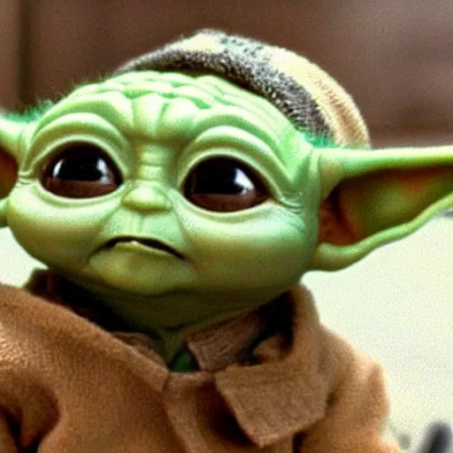 Image similar to a film still of baby yoda wearing 1 9 9 0 s hip hop clothing realistic, detailed