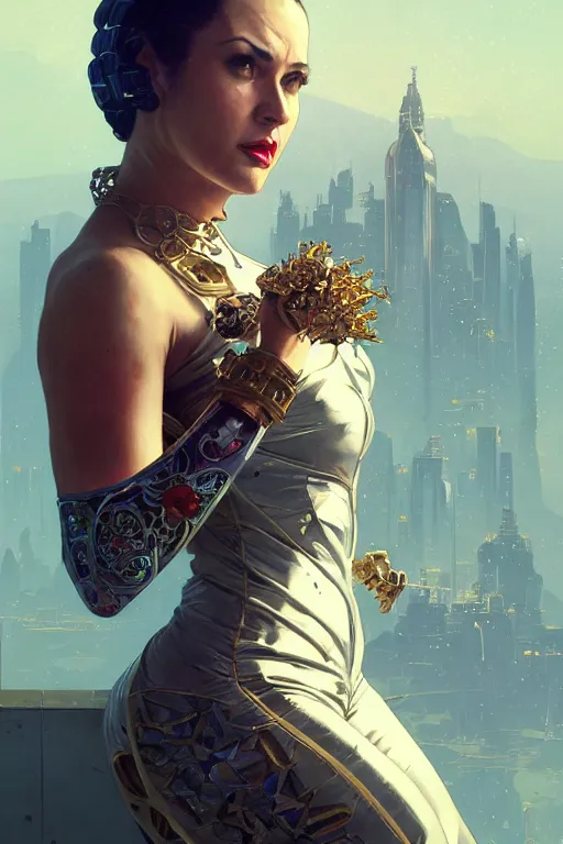 Image similar to gta 5 killer queen profile picture by greg rutkowski, dynamic pose, intricate, futuristic, fantasy, elegant, by stanley artgerm lau, greg rutkowski, thomas kindkade, alphonse mucha, loish, norman rockwell, fantasy lut, asymmetric, long hair, retro computer graphics, video game, fluid lines,