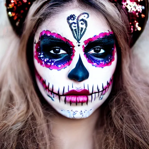 Image similar to canon mark 5, motion blur, realistic character portrait photo of a beautiful mexican girl, day of the dead makeup, muted colours, by britt marling, glitter storm