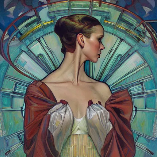 Image similar to a streamline moderne painting in the style of donato giancola, and in the style of charlie bowater, and in the style of alphonse mucha. symmetry, smooth, sharp focus, semi - realism, intricate detail.