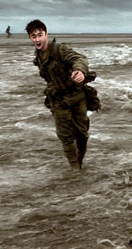 Image similar to film still of Daniel Radcliffe storming Normandy beach in Saving Private Ryan