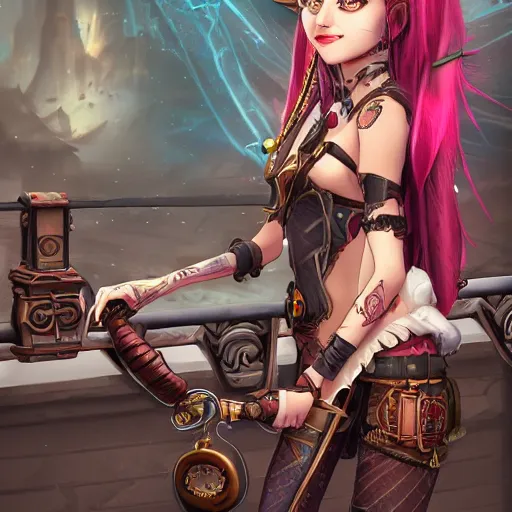 Image similar to jinx from arcane sitting on a bridge seeing hallucinations of ragnarok, artstation, steampunk style