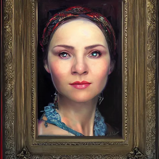 Image similar to portrait of a ukrainian woman ( 3 5 ) from ukraine in 2 0 2 1, an oil painting by ross tran and thomas kincade