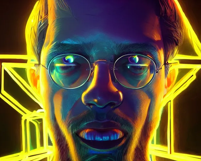 Image similar to portrait of wizard with flying neonyellow cubes, intricate abstract. intricate artwork, by tooth wu, wlop, beeple, dan mumford. concept art, octane render, trending on artstation, greg rutkowski very coherent symmetrical artwork. cinematic, key art, hyper realism, high detail, octane render, 8 k, iridescent accents