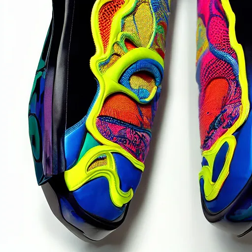 Image similar to balenciaga sneakers, biomorphic, robot, colorful, highly detailed, hyper realistic,