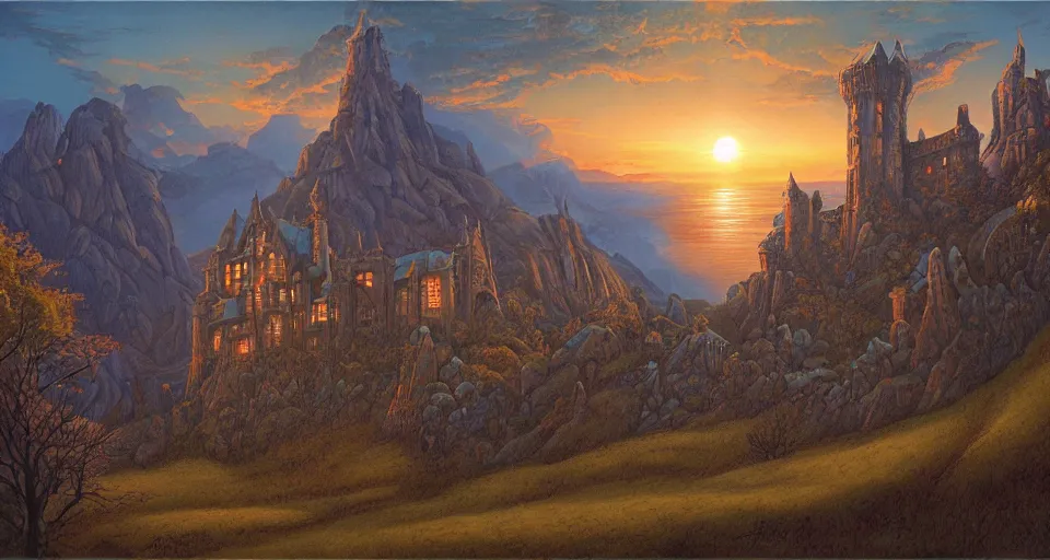 Image similar to haunted castle in a hill next to a giant valley, sunrise by gerald brom