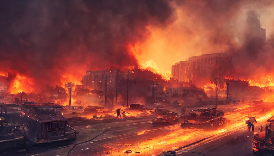Prompt: Los Angeles on chaos with riots in the streets, burning cars with ashes, smoke columns, burning buildings, police cars, helicopters, dust, hyperdetailed, artstation, cgsociety, 8k