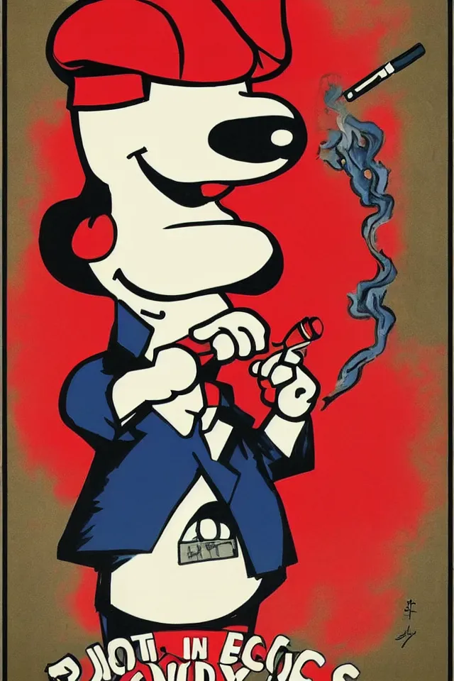 Image similar to an epic socialist realism poster of a singular communist snoopy in a red beret smoking a blunt for the proletariat