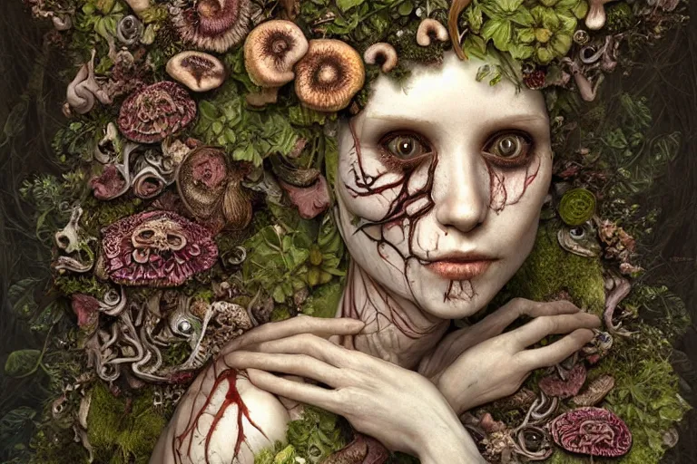 Image similar to beautiful and detailed rotten woman corpse with fractal plants and fractal flowers and mushrooms growing around, face muscles, veins, arteries, intricate, ornate, surreal, ray caesar, john constable, guy denning, dan hillier