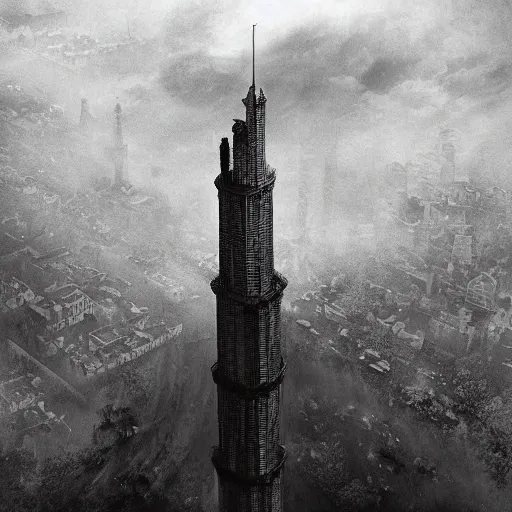 Prompt: an ultra detailed black and white matte painting of a lonely and impossibly tall ominous dark tower elevated high above the city, on an isolated plateau island in a river elevated high above the city fortress tower, fantasy capital city, ultrawide lense, aerial photography, volumetric lighting, exquisite detail, 8 k, art by artgerm and greg rutkowski and alphonse mucha